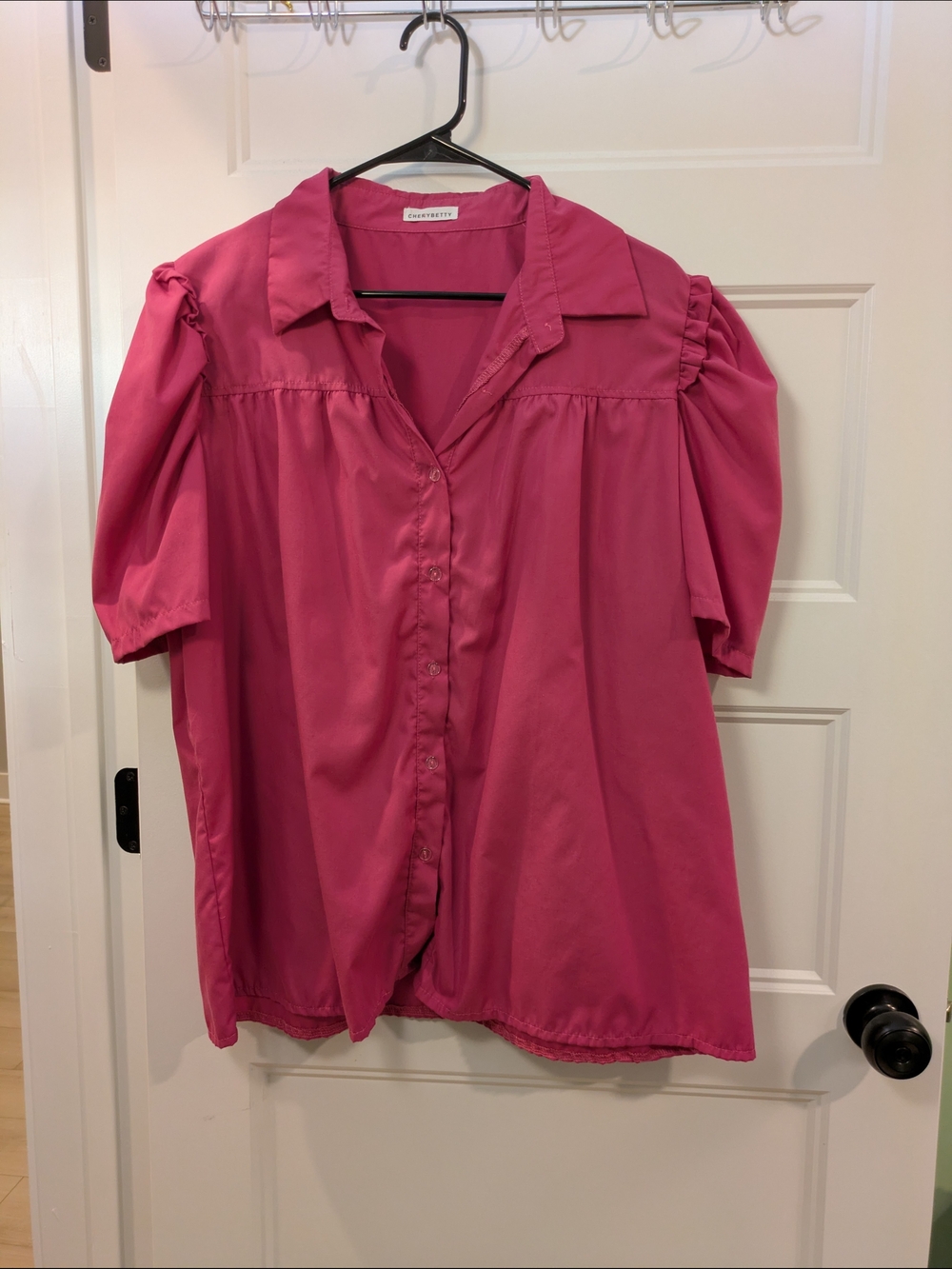 🔴 3/$15 Puff-Sleeve Button-Down Shirt in Raspberry Pink